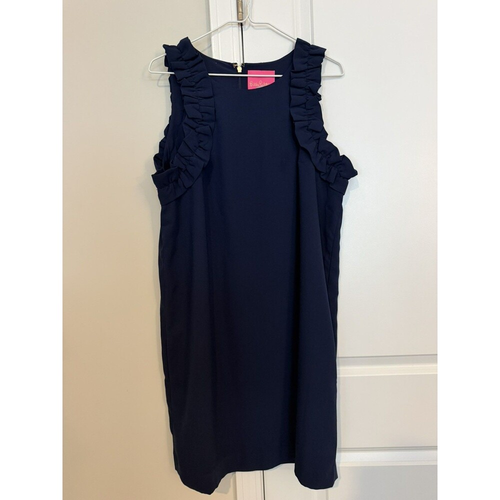 Lilly Pulitzer Kailee Ruffle Shift Dress Women's Large True Navy Sleeveless EUC